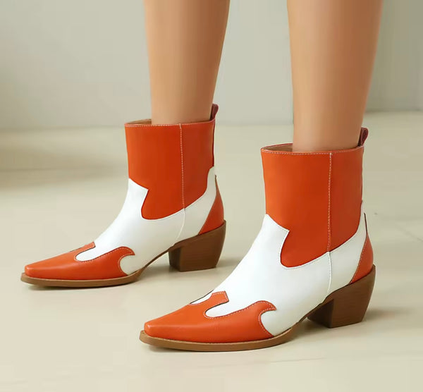 Women Color Patchwork Fashion Faux Leather Western Ankle Boots