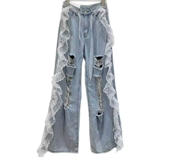 Women Fashion Ripped Ruffled Lace Patchwork Denim Pants