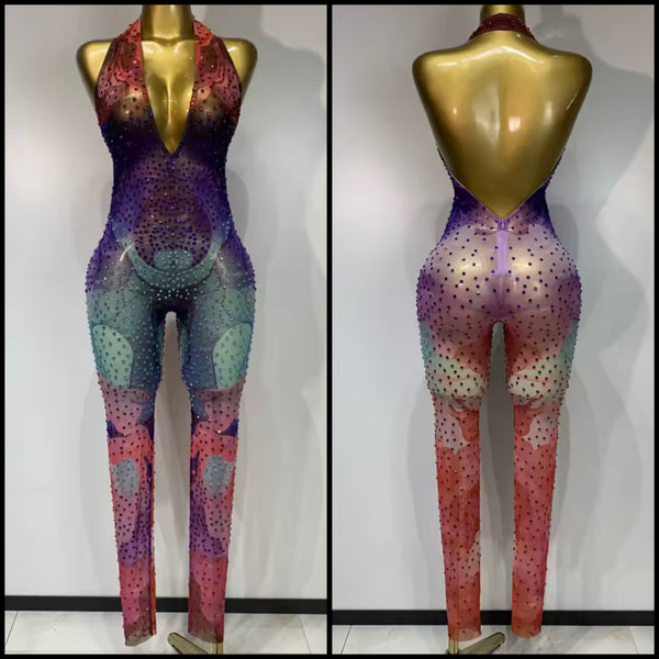 Women Multicolored Rhinestone Halter Sleeveless Mesh Jumpsuit