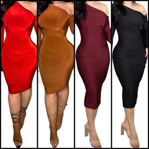 Women Sexy Skew Collar Full Sleeve Solid Color Dress