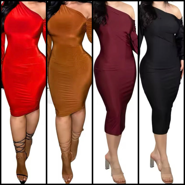 Women Sexy Skew Collar Full Sleeve Solid Color Dress