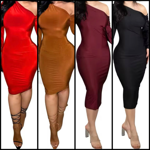 Women Sexy Skew Collar Full Sleeve Solid Color Dress