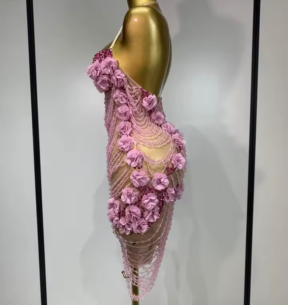 Women Sexy Pink Beaded Floral Rhinestone Halter Dress