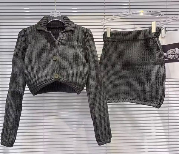 Women Fashion Button Up Full Sleeve Knit Two Piece Skirt Set