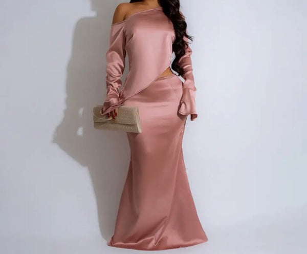 Women Sexy Satin Full Sleeve Solid Color Two Piece Maxi Skirt Set