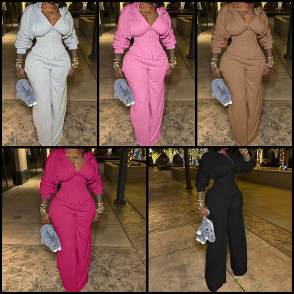 Women Fashion Hooded Corset Tracksuit Two Piece Pant Set