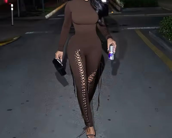 Women Color Full Sleeve Cut Out Tie Up Fashion Jumpsuit
