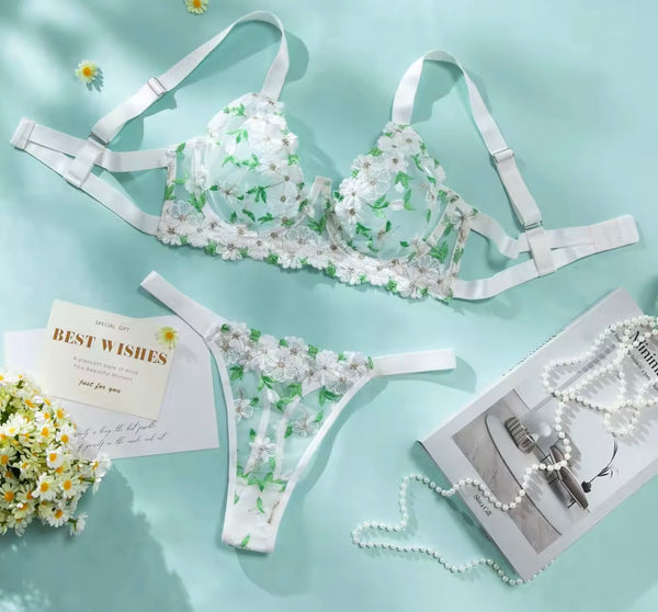 Women White Sexy Green Floral Mesh Lingerie Set