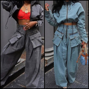 Women Fashion Two Piece Drawstring Zipper Denim Jacket Cargo Pant Set