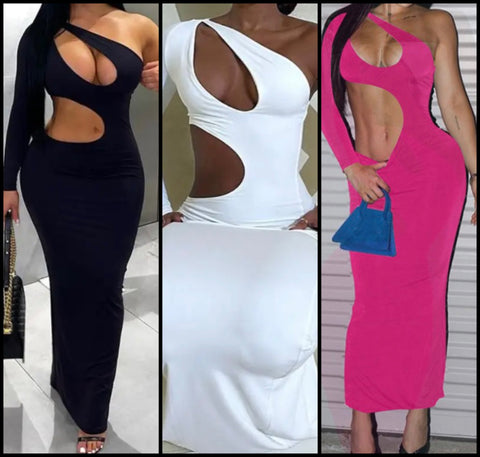 Women Sexy One Shoulder Full Sleeve Cut Out Maxi Dress