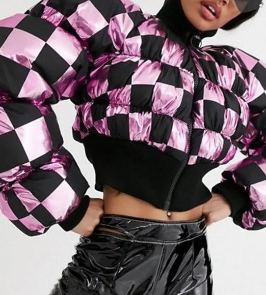 Women Fashion Color Patchwork Checkered Puff Crop Jacket