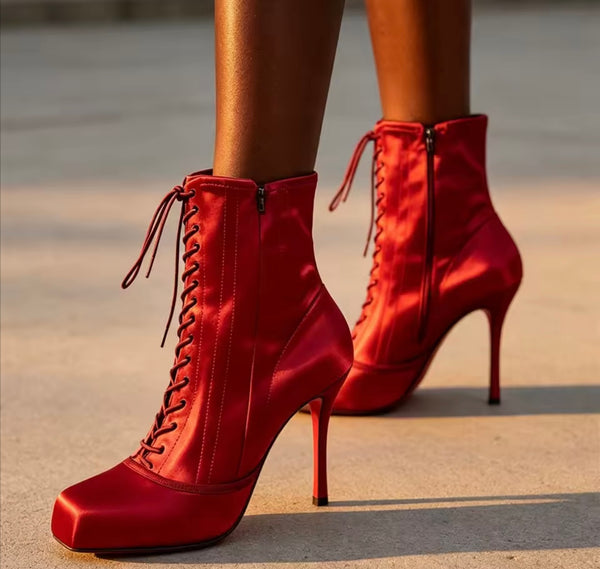 Women Fashion Satin Square Toe Lace Up Ballerina Ankle Boots