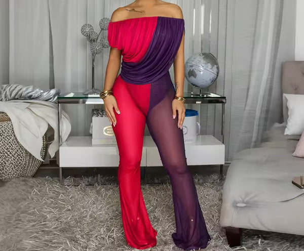 Women Off The Shoulder Draped Color Patchwork Jumpsuit