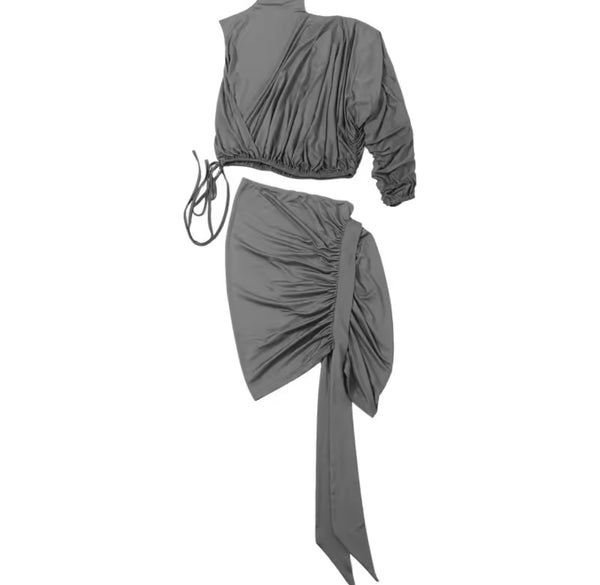 Women Sexy One Shoulder Full Sleeve Ruched Gray Two Piece Skirt Set