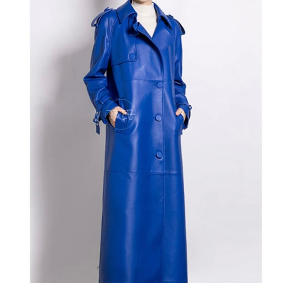 Women Blue Faux Leather Fashion Trench Jacket