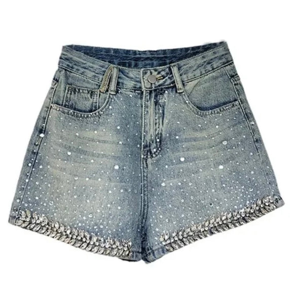 Women Fashion Bling Rhinestone Denim Shorts