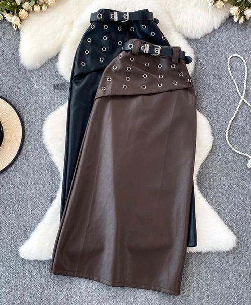 Women Solid Color Fashion Faux Leather Maxi Skirt