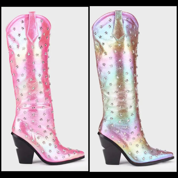 Women Fashion Star Rivet Western Knee High Boots