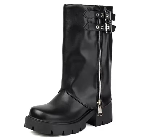 Women Black Zipper Double Buckle Fashion Ankle Boots