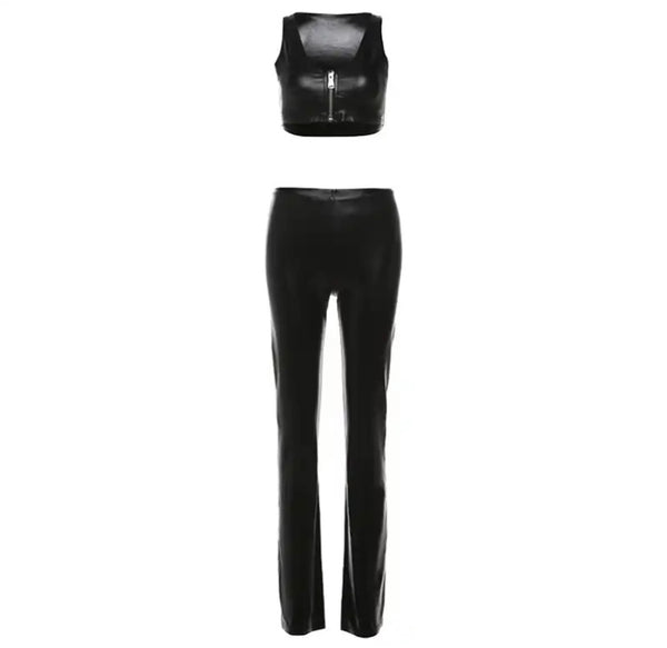 Women Black Sexy PU Sleeveless Two Piece Pant Set