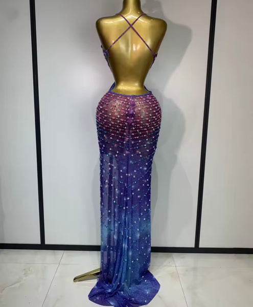 Women Sexy Halter Open Back Multicolored Rhinestone Maxi Dress