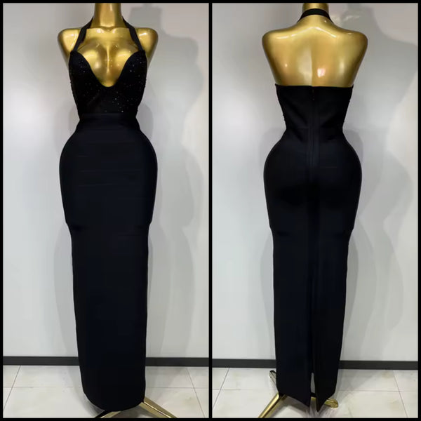 Women Sexy Black Rhinestone Halter Sleeveless Maxi Dress