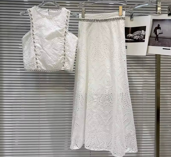 Women Rhinestone Sleeveless Lace Two Piece Maxi Skirt Set