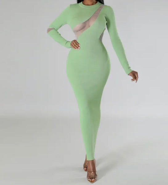 Women Sexy Mesh Patchwork Solid Color Full Sleeve Maxi Dress