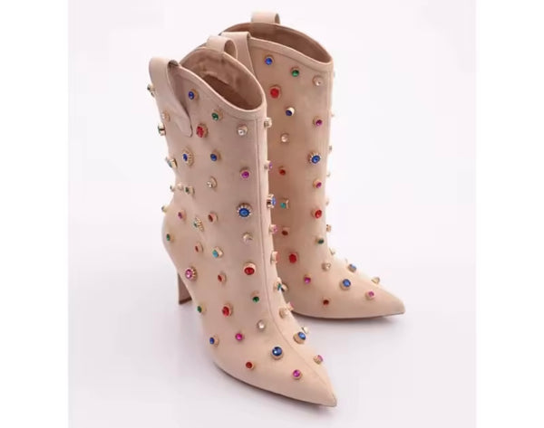 Women Suede Color Crystal Fashion High Heel Ankle Boots
