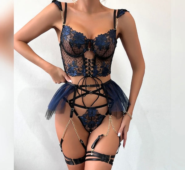 Women Sexy Color Patchwork Floral Lace Lingerie Set