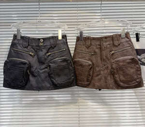 Women Faux Leather Fashion Zipper Cargo Short Skirt