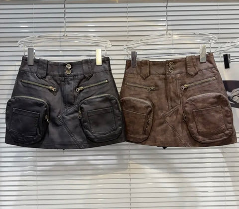 Women Faux Leather Fashion Zipper Cargo Short Skirt