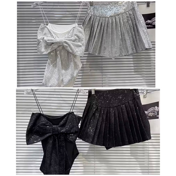 Women Sleeveless Bow Bodysuit Sexy Two Piece Pleated Skirt Set