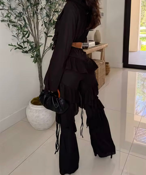 Women Ruffled Tie Up Full Sleeve Fashion Two Piece Pant Set