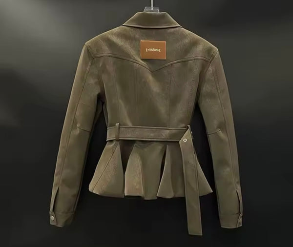 Women Collar Button Up Ruffled Jacket Two Piece Skirt Set