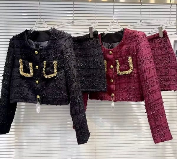 Women Color Gold Button Up Tweed Blazer Two Piece Skirt Set