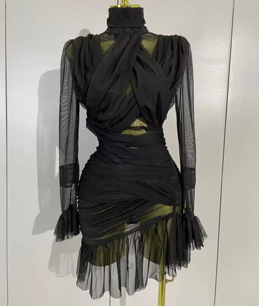 Women White Sexy Ruffled Ruched Mesh Full Sleeve Dress