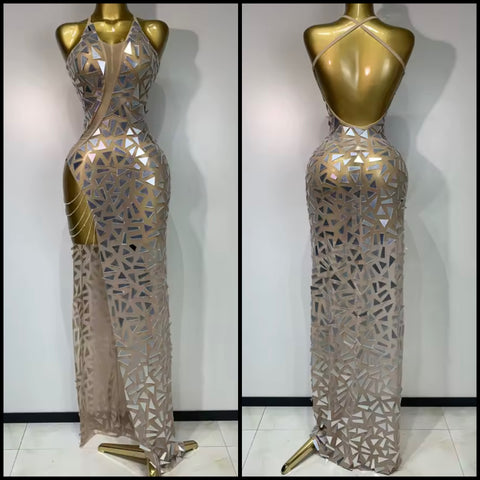 Women Sexy Sleeveless Chain Mirror Mesh Maxi Dress