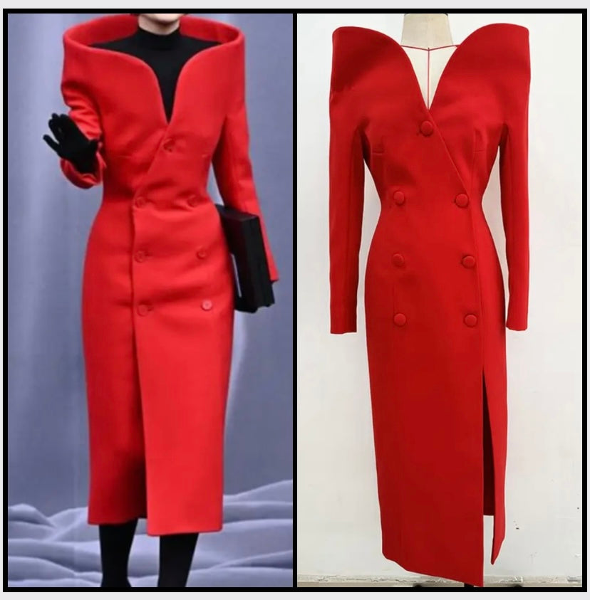 Women Red Button Up Stand Collar Fashion Trench Jacket