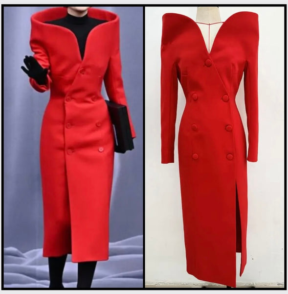 Women Red Button Up Stand Collar Fashion Trench Jacket