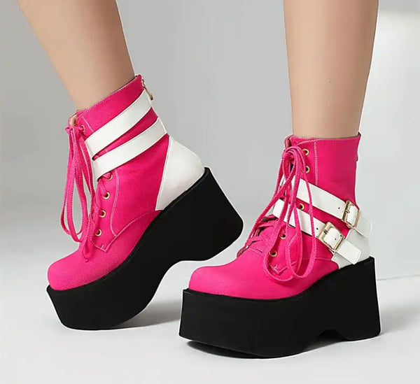Women Fashion Color Patchwork Buckled Platform Ankle Boots