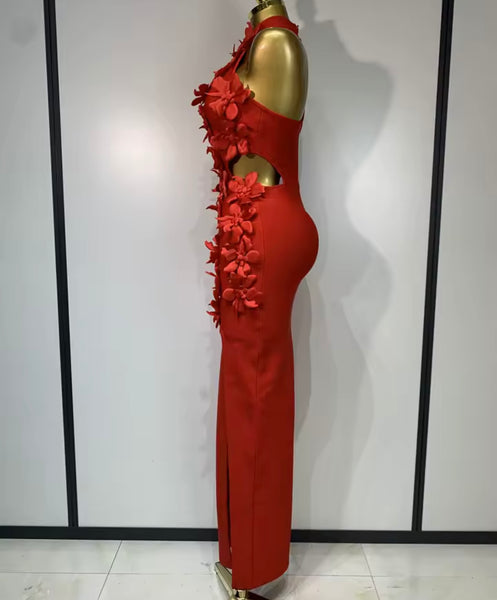 Women Red Halter Sleeveless 3D Floral Cut Out Sexy Maxi Dress