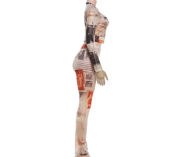 Women Fashion Printed Full Sleeve Mesh Two Piece Pant Set
