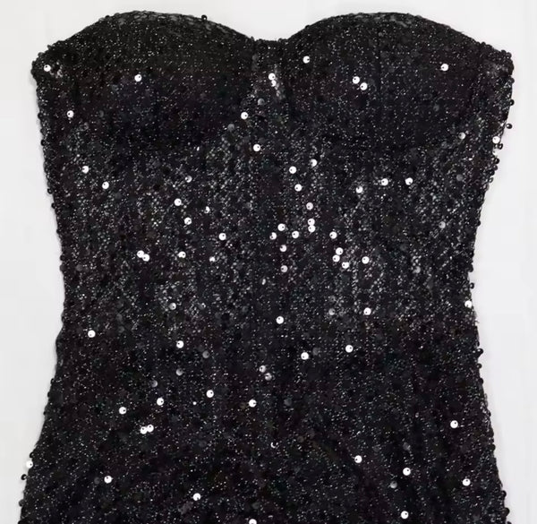 Women Black Strapless Sexy Sequins Mesh Maxi Dress