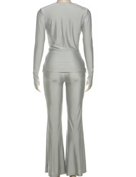 Women Solid Color Ruched Full Sleeve Two Piece Pant Set