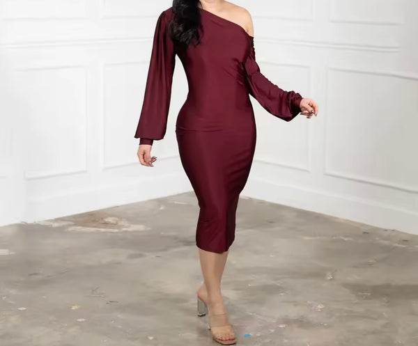 Women Sexy Skew Collar Full Sleeve Solid Color Dress