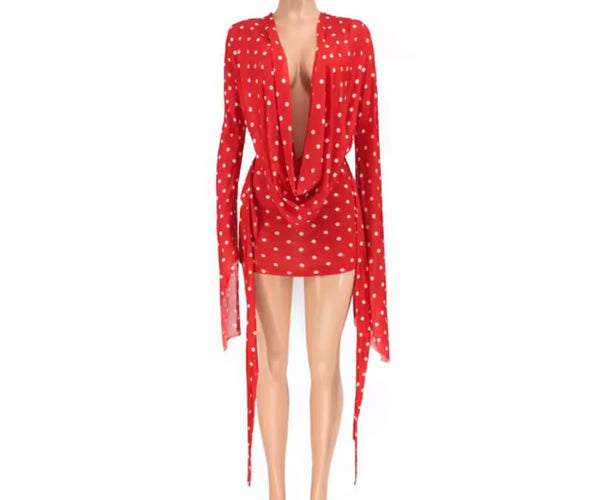 Women Sexy Draped V-Neck Full Sleeve Polka Dot Mesh Dress