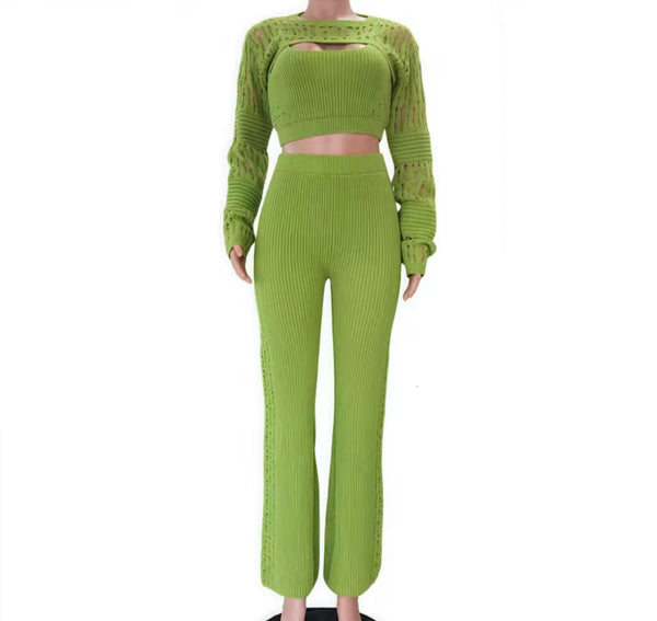Women Color Knitted Fashion Three Piece Pant Set
