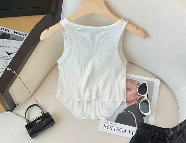 Women Sleeveless Fashion Ribbed Rhinestone Tank Top
