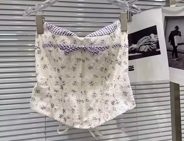 Women Sexy Plaid Floral Strapless Corset Two Piece Skirt Set